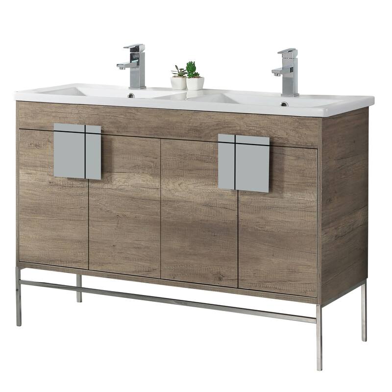 Modern Bathroom Vanity Set, Vitreous China Double Sink Top 48" - Gray/Polished Chrome