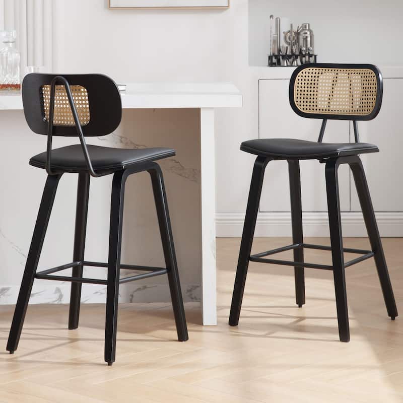 26-inch Wood Counter Height Bar Stools with Rattan Back