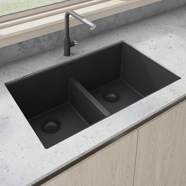 slide 2 of 7, Ruvati 33 x 19 inch Granite Composite Quartz Undermount Low Divide Double Bowl Kitchen Sink - Midnight Black - RVG2385BK