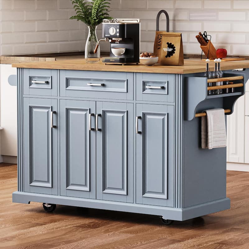 54" Large Rolling Kitchen Island with Rubber Wood Drop Leaf - Embossed Texture Storage Cart with 4 Doors & 3 Drawers for Kitchen