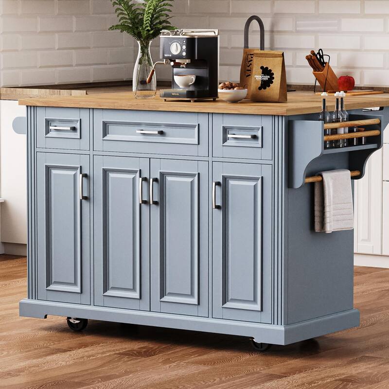 Modern Large Kitchen Island with Rubber Wood Drop Leaf, 3 Drawers Storage Cabinet, Bottom Rollers, Rolling Cart for Dining Room - Blue