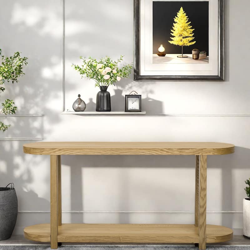 63" MDF Console Table with Oval Top and Ash Wood Veneer for Living Room - Natural