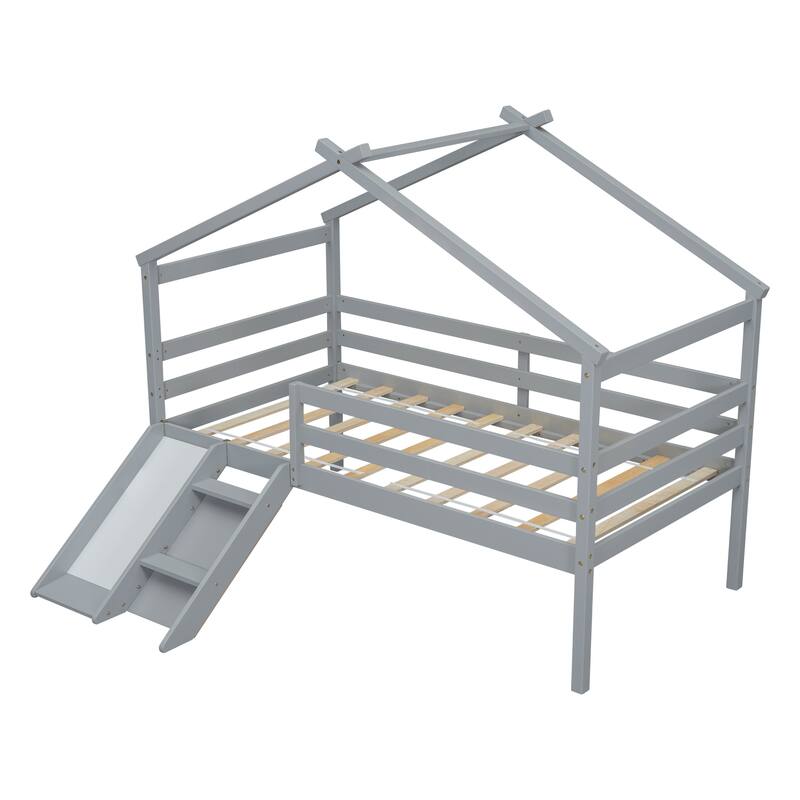 Twin Low Loft House Bed with Slide and Ladder