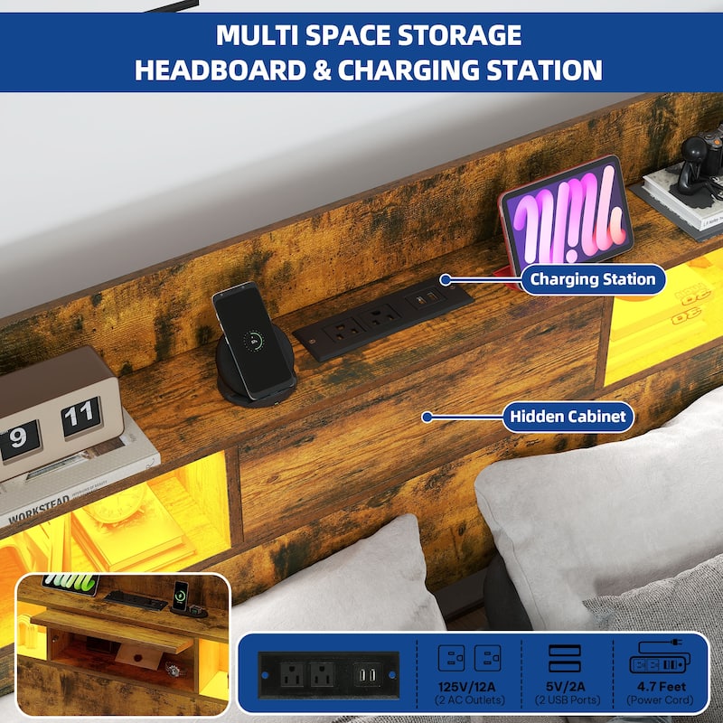 Moasis LED Bed Frame with Bookcase Headboard, 4 Storage Drawers and Type-C USB Charging Station
