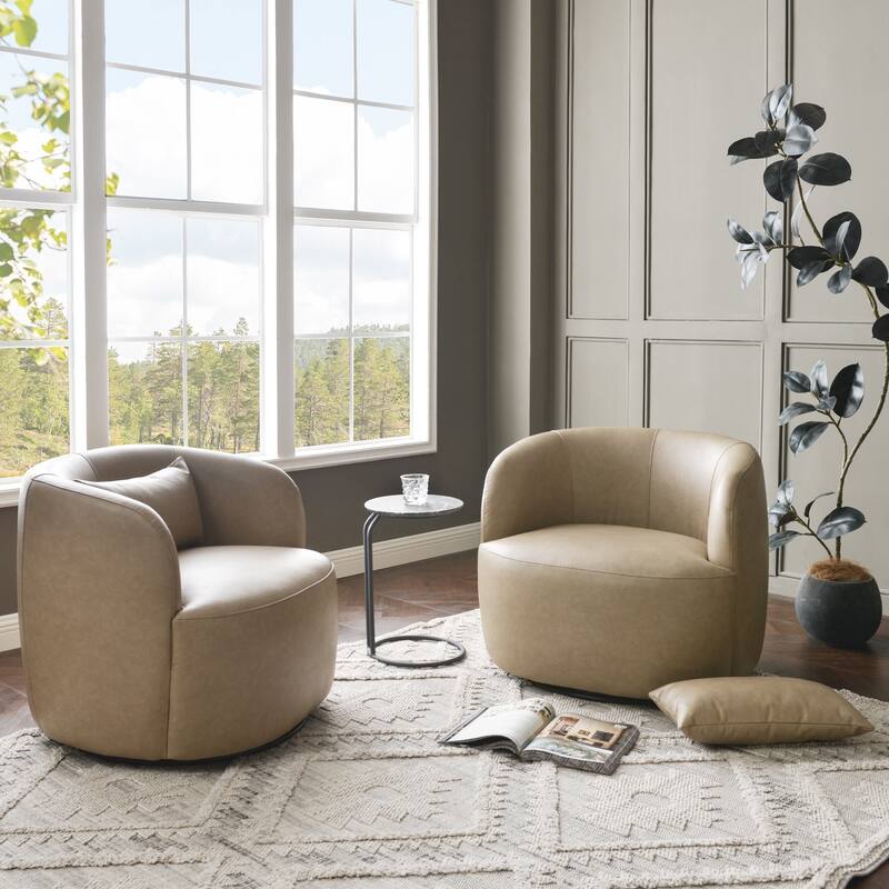 KINWELL 34" Wide Swivel Faux Leather Barrel Armchair Upholstered PU Leather Accent Chairs for Living Room Office Lounge