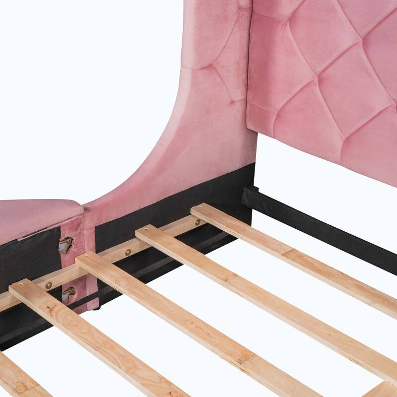 Queen Size Upholstered Platform Bed with Wingback Headboard and 1 Big Drawer,2 Side Storage Stool