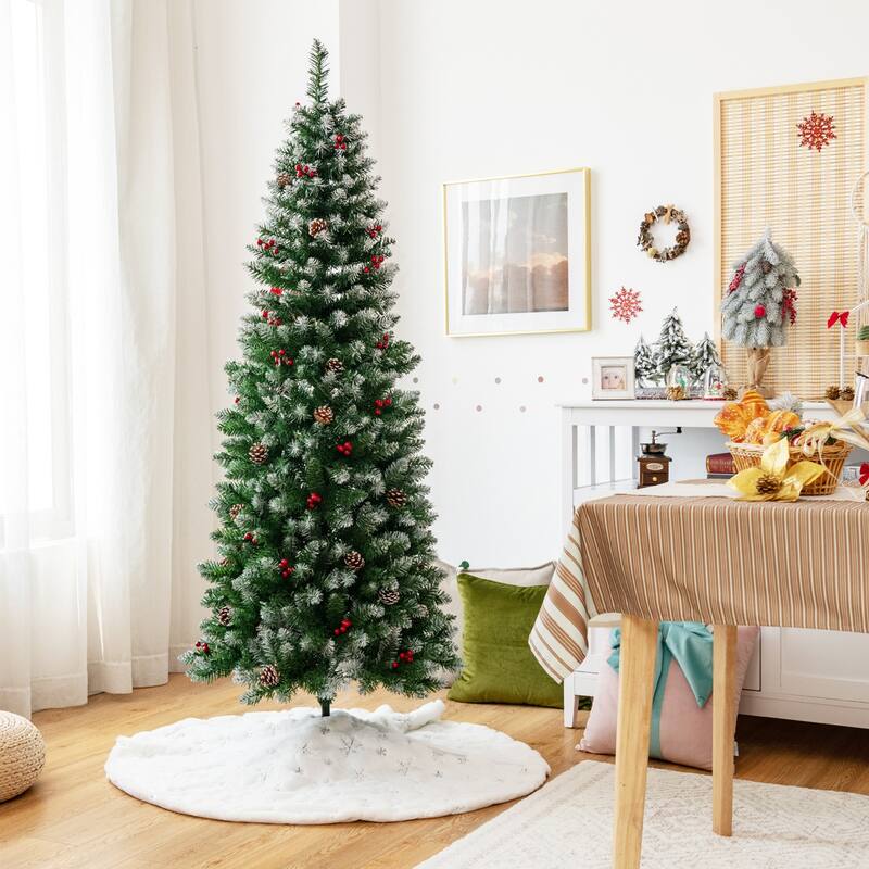 Gymax 5/6/7 FT Pre-lit Hinged Christmas Tree Artificial Pencil Xmas