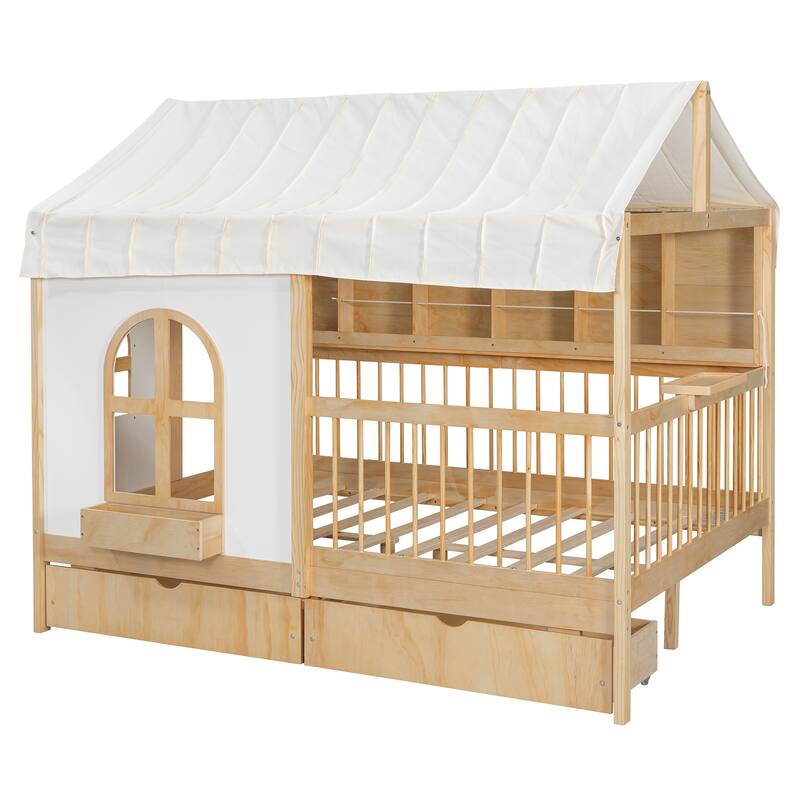 Kids Fence Platform Bed Full Size House Bed with Tent, Bookshelf, Light Strip, Charging Station, Shelves and Storage Drawers