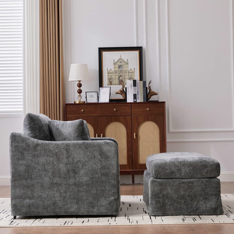 Morden Accent Chair with Ottoman, Chenille Living Room Side Chair, Single Sofa Armchair with Bolster Pillows