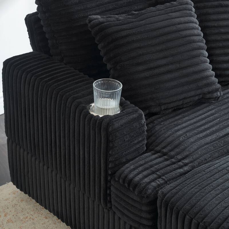 Corduroy Armchair Ottoman Set with Cup Holder, Spring Cushion and 2 Throw Pillows
