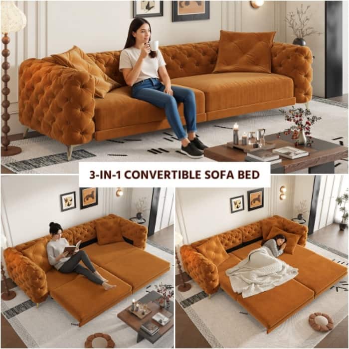 97.7" 3-in-1 Convertible Sleeper Sofa, Pull Out Sofa Bed with Ottoman, 4-Seater for Small Spaces & Apartments - Orange