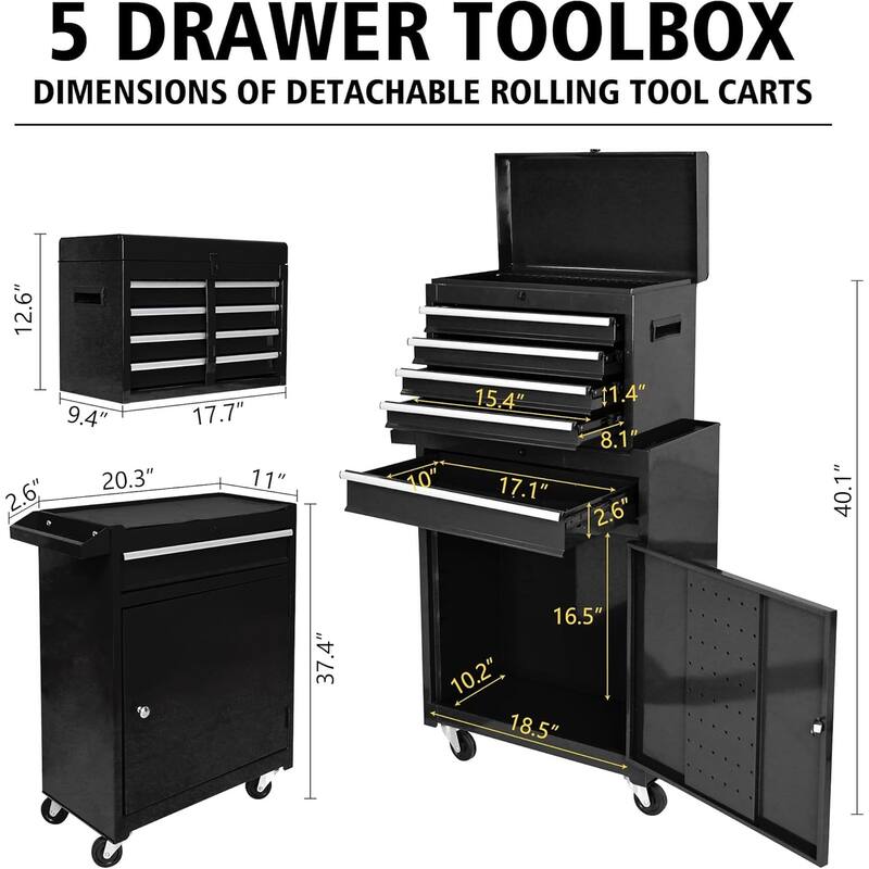 5 Drawer Detachable Tool Cabinet with Moving Wheel 2 Brakes, Tool Box - 5-Drawer