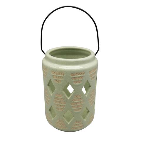 Sagebrook Home 6" Ceramic Lantern Contemporary Cucumber Green and Beige Diamond Cut-Out Creative Decorative Lantern with