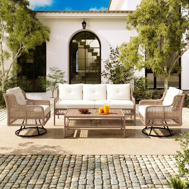 4-Piece Outdoor Conversation Set with Swivel Chairs and Removable Cushions for Comfort - Natural/Beige