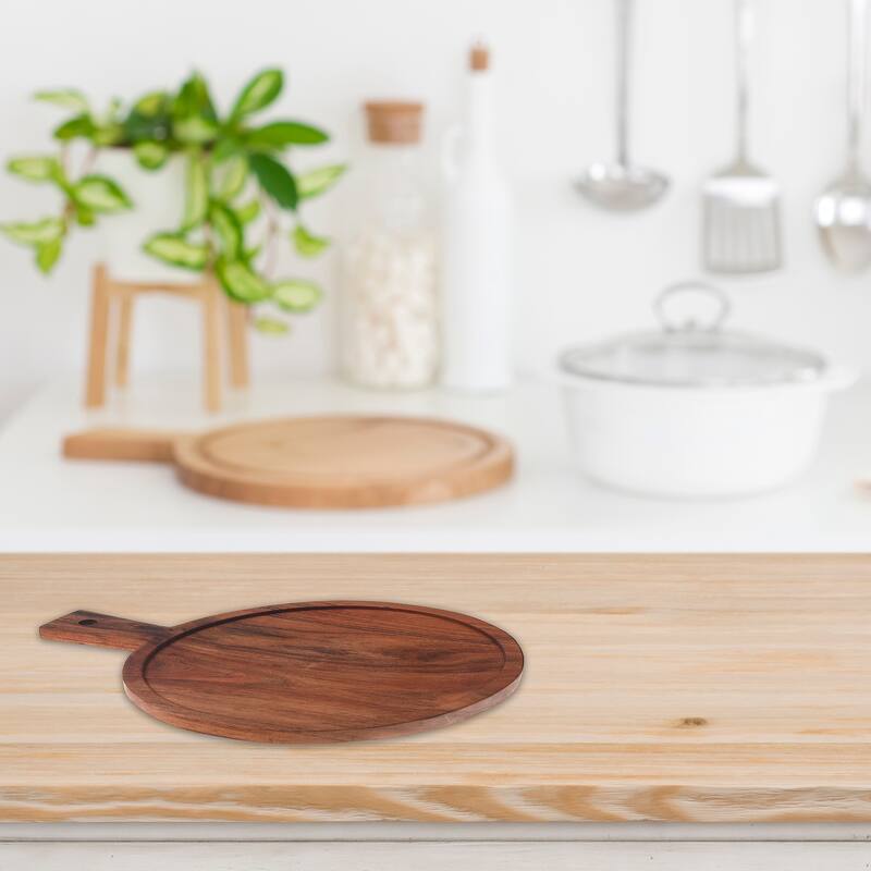 IH Casa Decor Acacia Wood Round Serving Tray With Handle - Brown