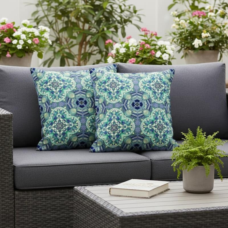 HomeRoots Set of Two 16" X 16" Blue and Green Blown Seam Floral Indoor Outdoor Throw Pillow - 16.00' X '16.00' X '5.00 - Blue/Green - 16.00' X '16.00' X '5.00