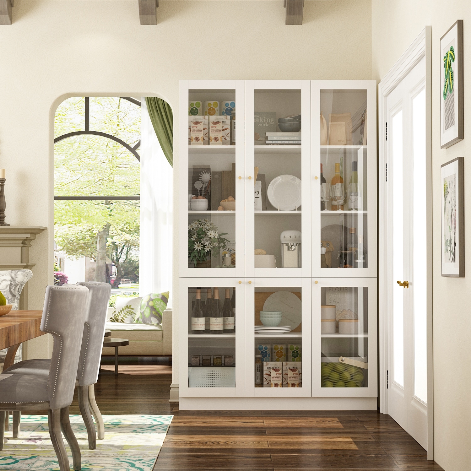 Tall Bookshelf Bookcase with 6 Glass Doors&Gold conical handle