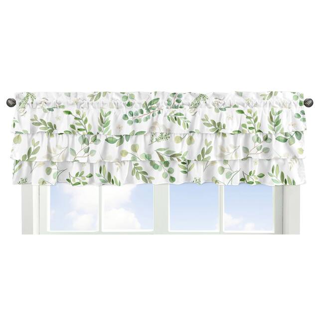 Floral Leaf Collection Window Curtain Valance - Green White Boho Watercolor Botanical Woodland Tropical Garden Tiered Ruffled
