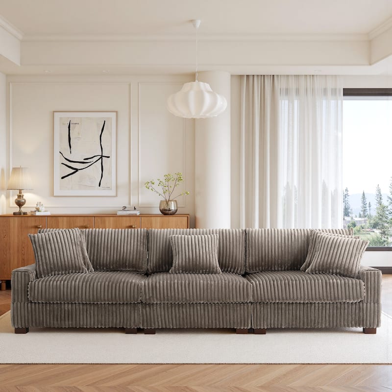 118" W Upholstered Plush Corduroy 3 Seater Sectional Sofa Couch - Light Brown - Symmetrical