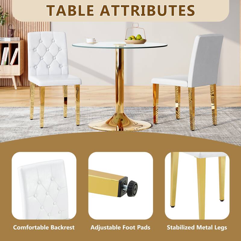 Set Of 4, PU Dining Chairs: Ergonomic Buckle Backrest, 35 Inches High, Golden Metal Legs, Combines Comfort And Texture