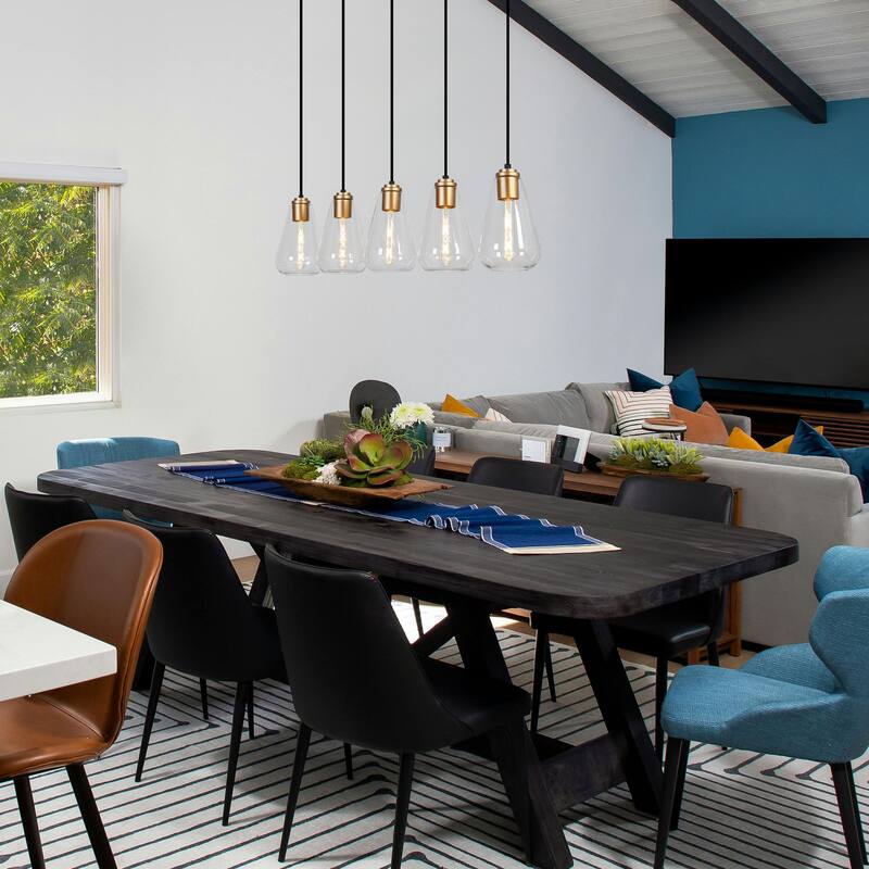 Modern Farmhouse 5-Light Black Gold Chandelier Linear Design with Clear Glass Kitchen Island Light for Dining Room