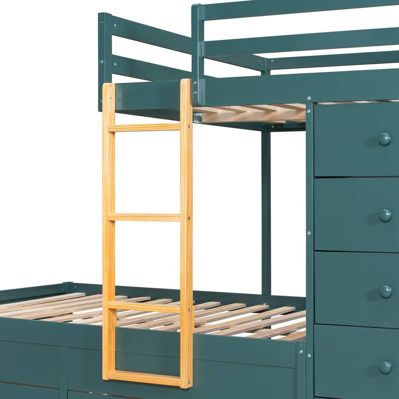 Kids Bed Frame Full Over Full Bunk Bed with Drawers and Wardrobe