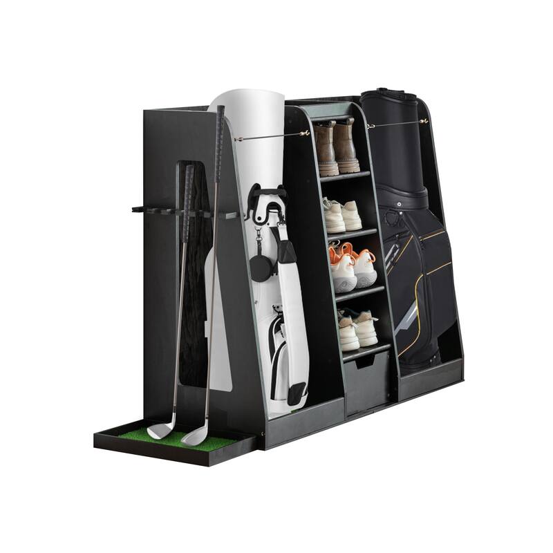 55.5"x16"x37" Wooden Golf Bag Storage Rack with Drawers - 2-Bag Organizer with Side Club Holders - 55.5" L x 16" W x 37" H