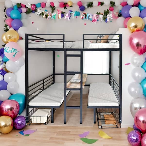 slide 2 of 9, Full Size Loft Bed with Table Set Transformable to Full over Full Bunk Bed Black
