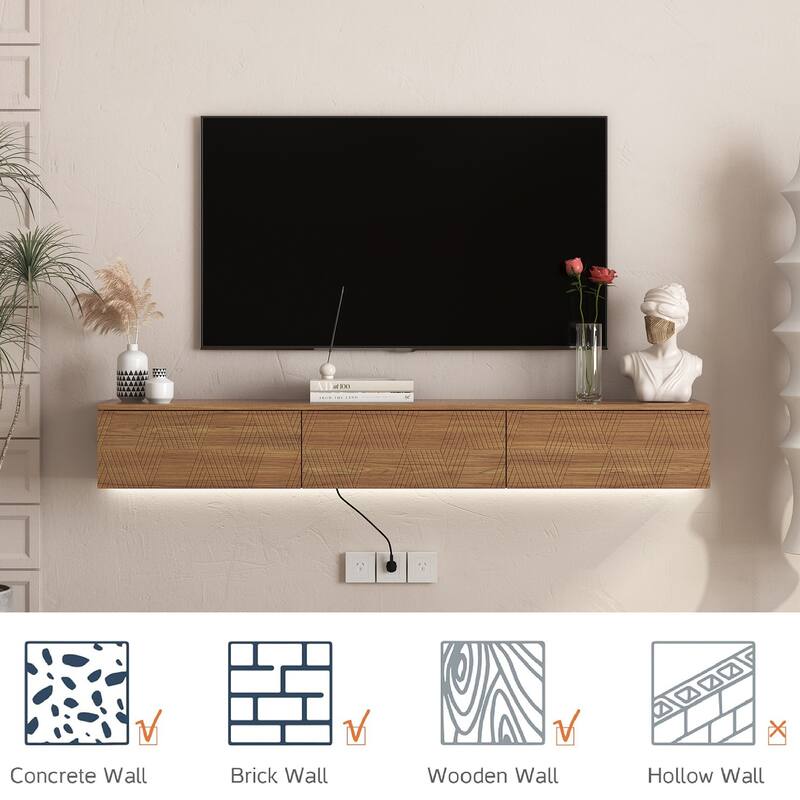 67" Floating TV Stand Wall Mounted Media Console with 16-Color LED Lights, Modern Entertainment Center