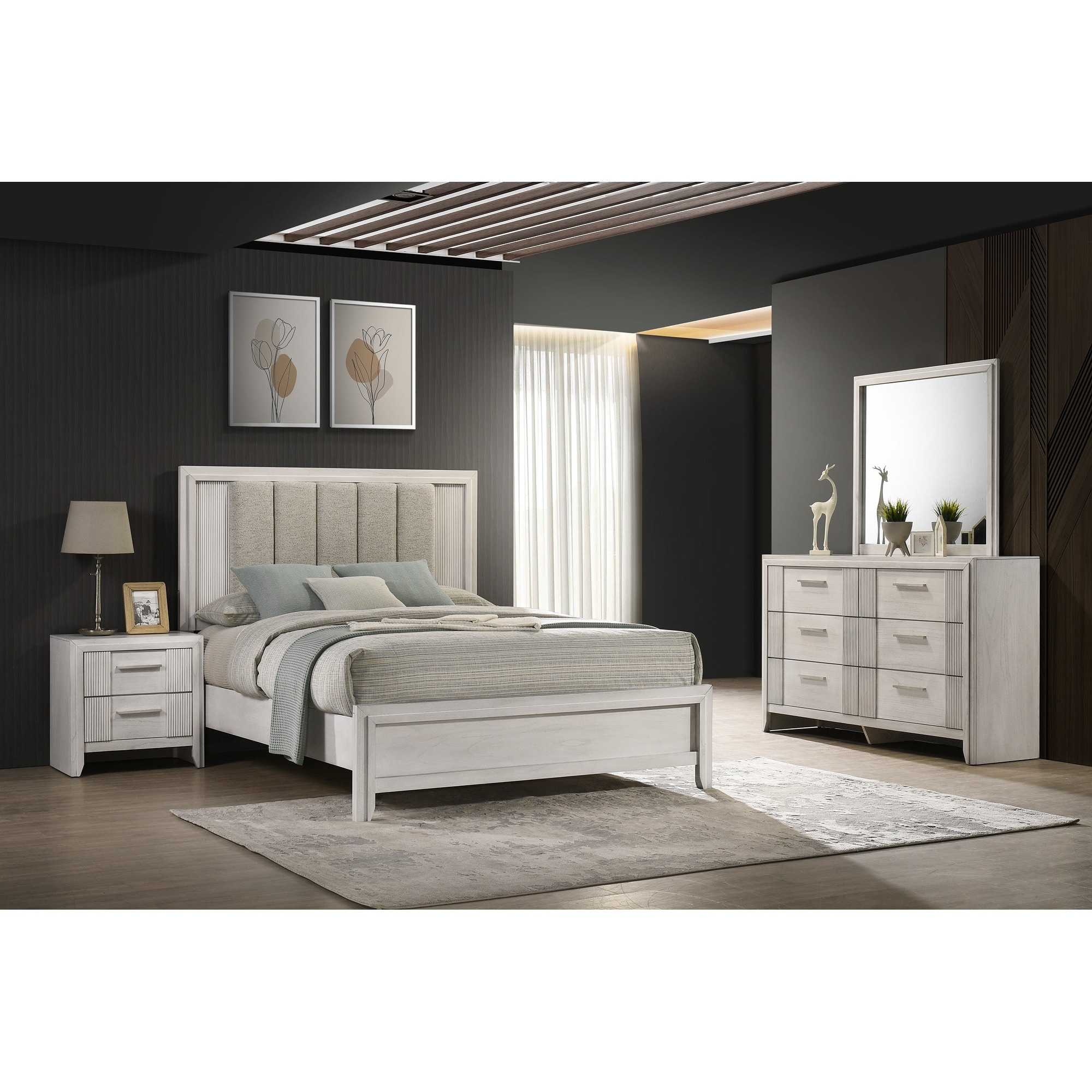 4pc Cream Linear Upholstered Bed Dresser Mirror Nightstand Set Bedroom Wooden Furniture