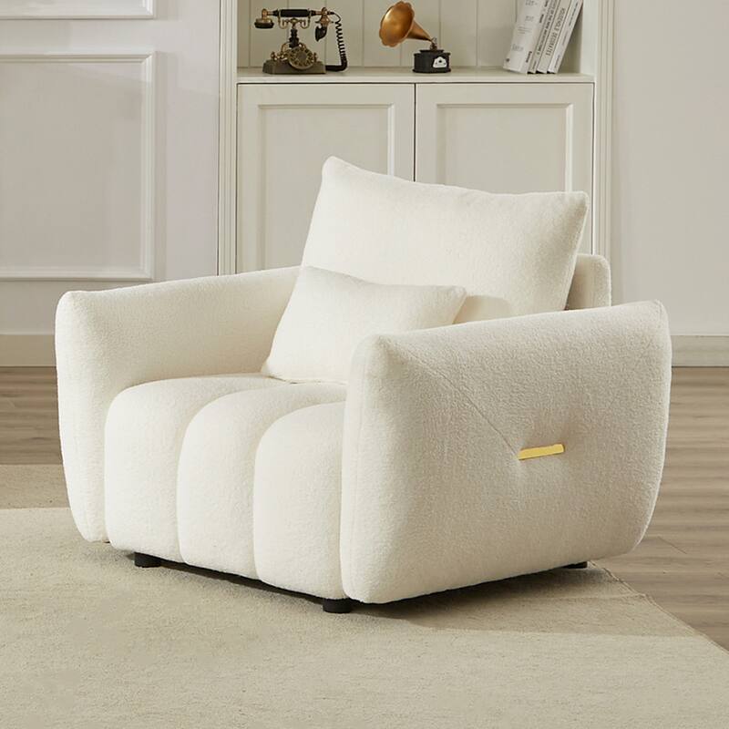 Upholstered Armchair Teddy Fabric Single Sofa Deep Seat Accent Chair, Armrests Side with Metal Strip Decorations - Beige
