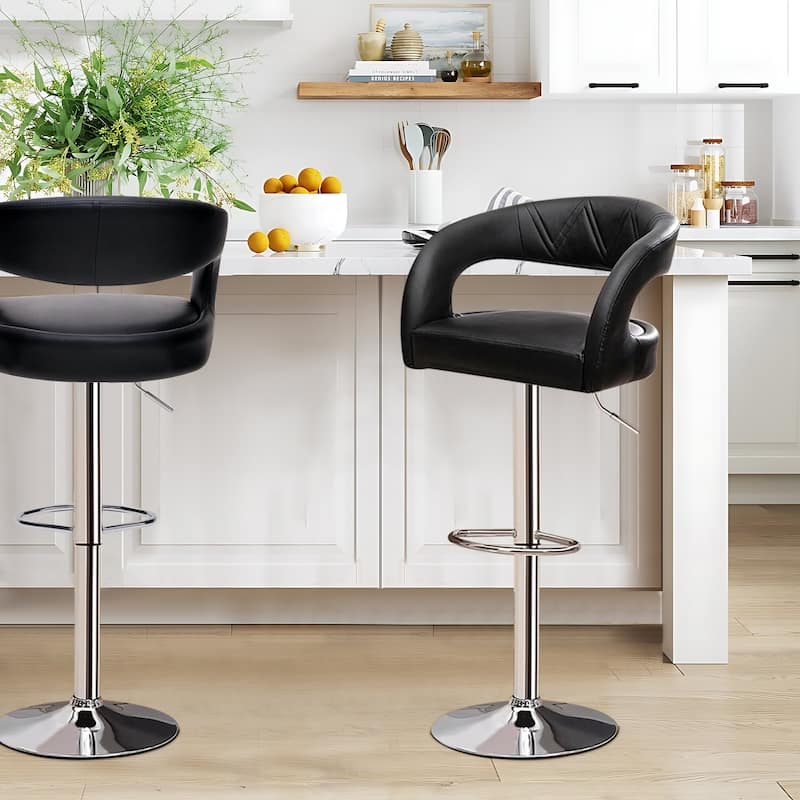 VECELO Set of 2 Rounded Mid-Back Swivel Bar Stools with Adjustable Height 360° Rotation 16" Base with Footrest - Black
