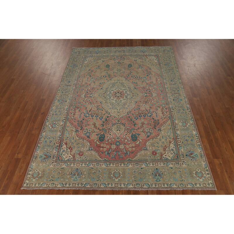 Hand Knotted Oriental 100% Wool Carpet Traditional Floral Pink Tabriz Area Rug - 9' 2'' X 6' 6''
