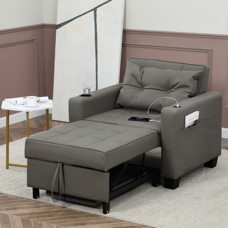 Futon Chair Bed Convertible Chair 3-in-1 Pull Out Sleeper Chair Beds for Living Room - 1PC - Gray Faux Leather