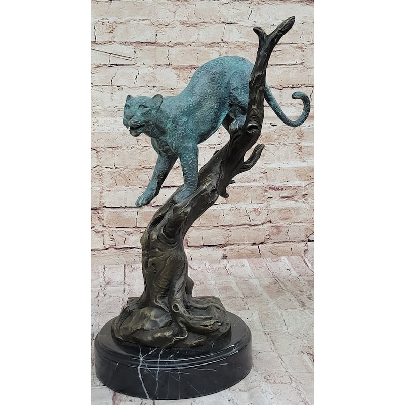 Leopard Jaguar In A Tree - Bronze Metal Statue Sculpture Green Patina Signed Original Art