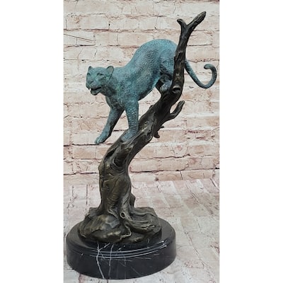 Leopard Jaguar In A Tree - Bronze Metal Statue Sculpture Green Patina Signed Original Art