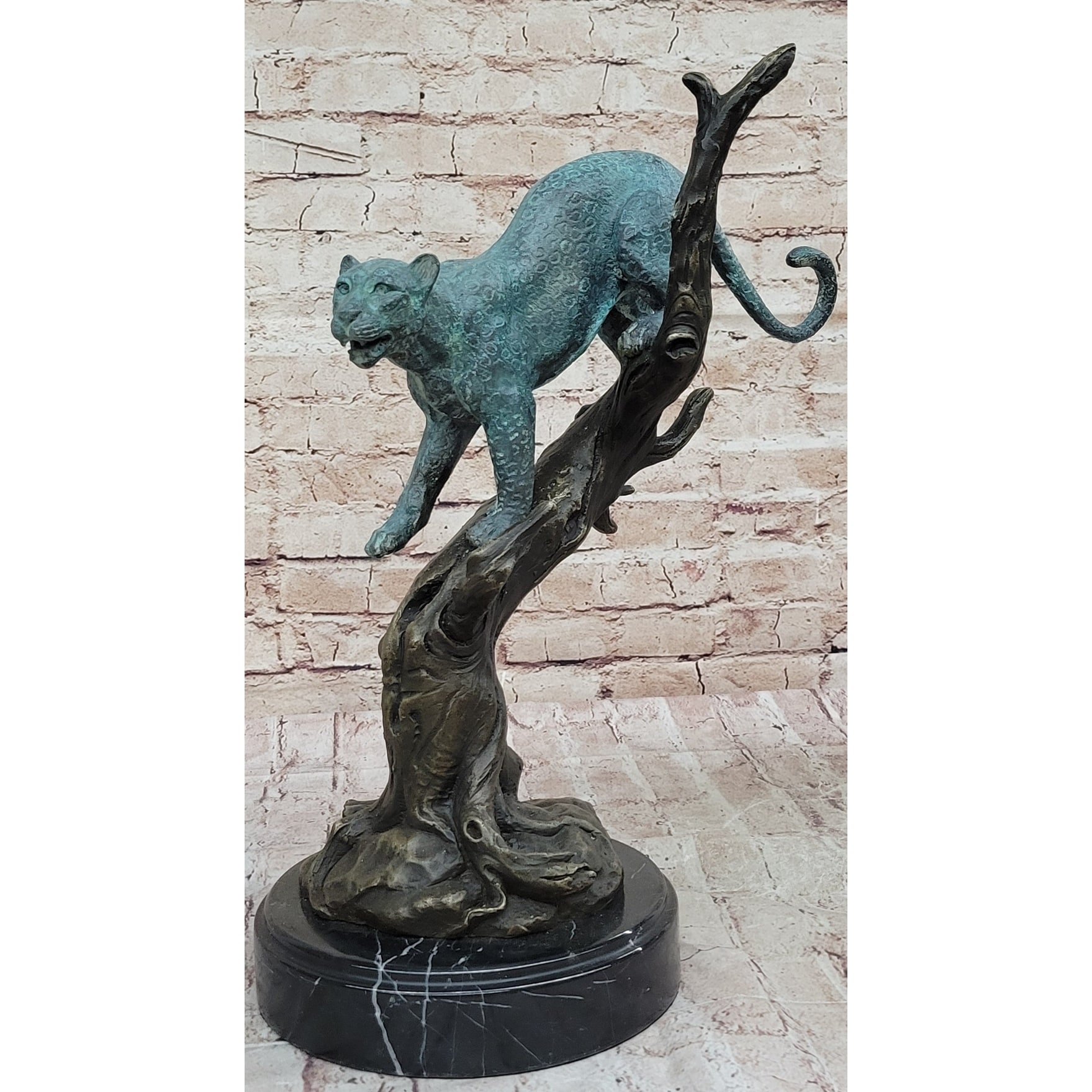Leopard Jaguar In A Tree - Bronze Metal Statue Sculpture Green Patina Signed Original Art