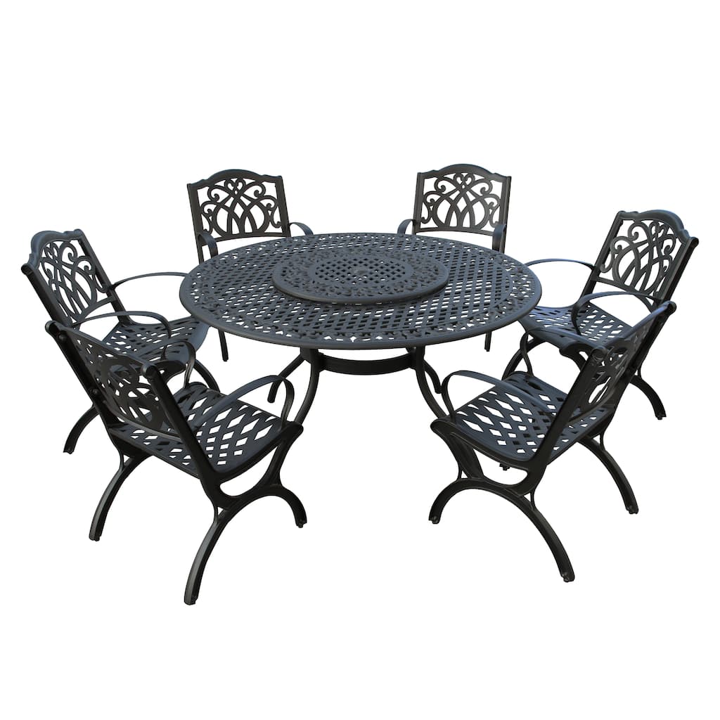 Modern Ornate Outdoor Mesh Aluminum 59-in Large Round Patio Dining Set with Lazy Susan and Six Chairs