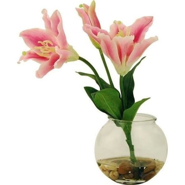 Designs by Lauren 15W198 13 in. Tiger Lilies in a Clear Glass Bowl with River Rocks & Acrylic Water