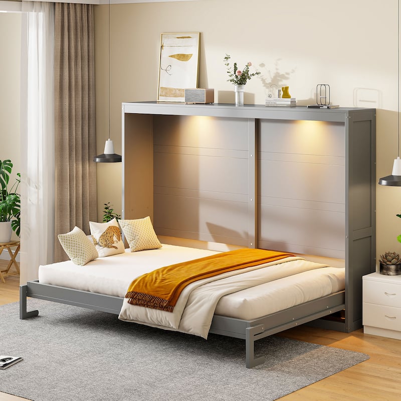 Queen Size Horizontal Murphy Bed Wooden Wall Platform Bed Frame with LED Lights