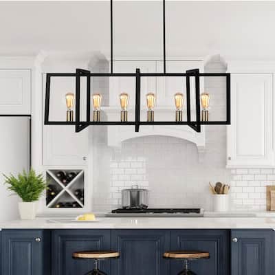 6-Light Black Rectangle Linear Island Pendant Farmhouse