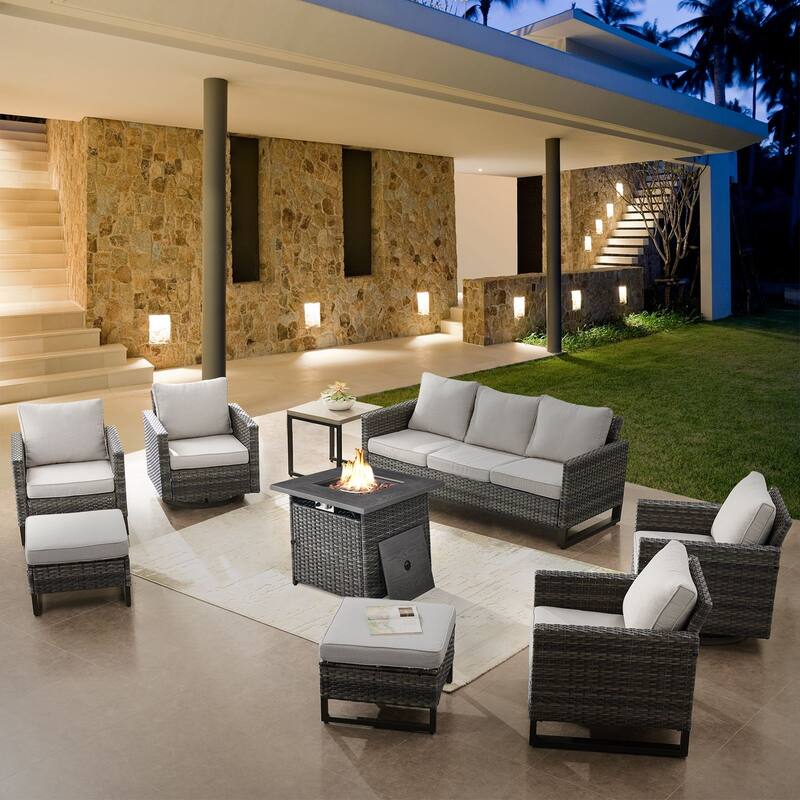 Patio Sofa with 2 Club Chair,2 Swivel Chair and Fire Pit Table - Grey - Beige