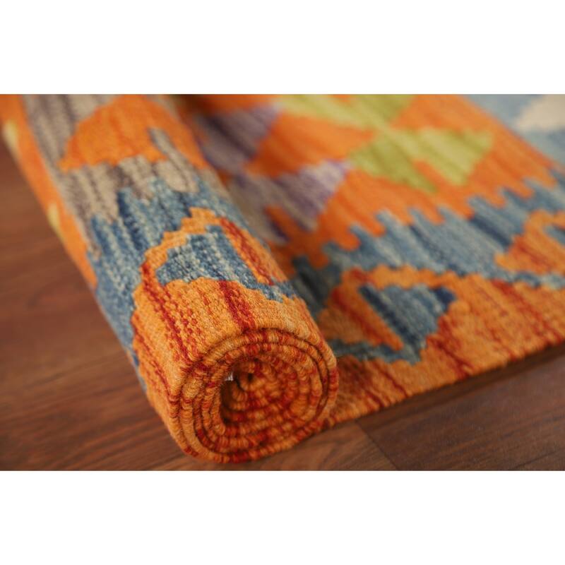 Hand-Woven Geometric Kilim Area Rug Oriental Wool Carpet - 6'2" x 7'10"