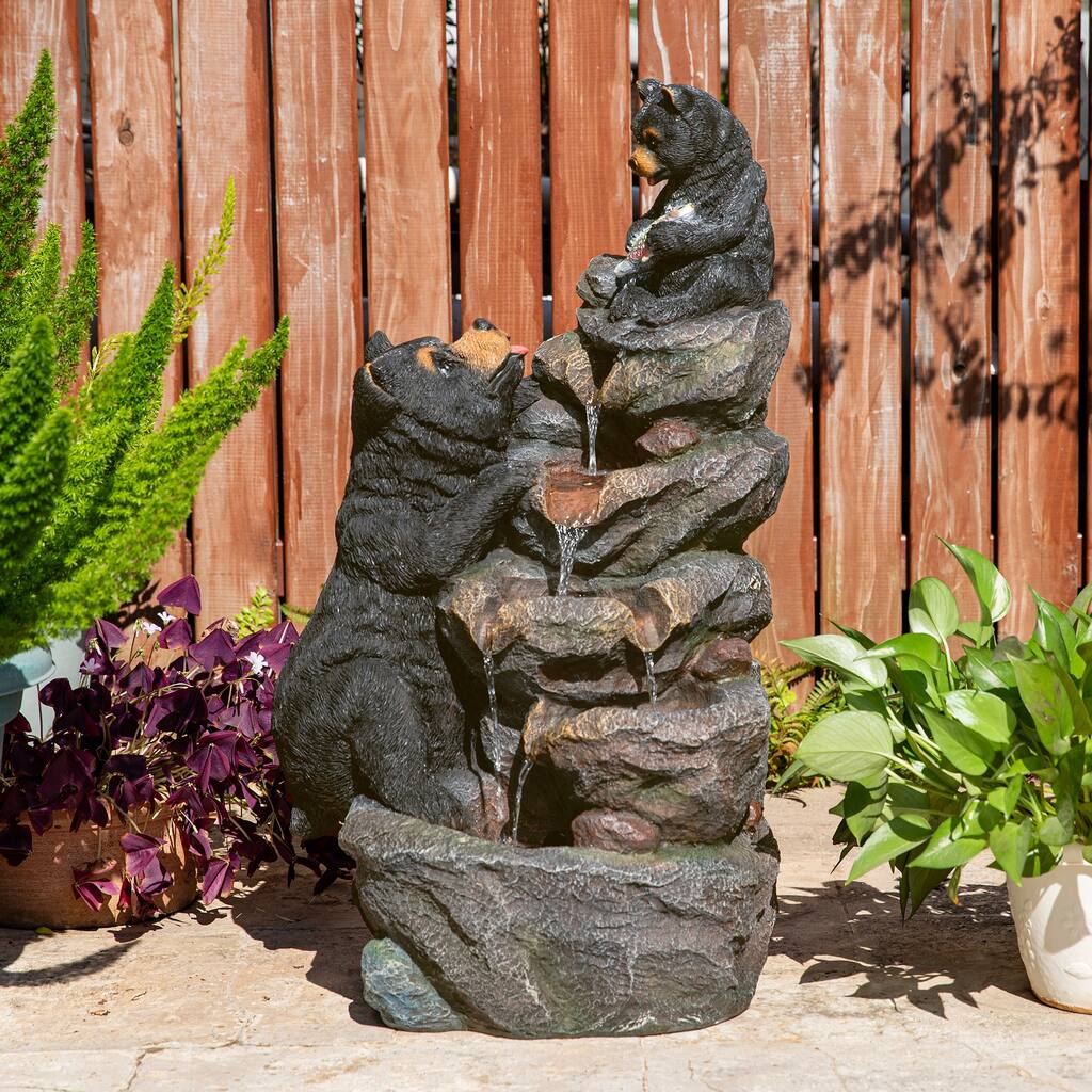 Glitzhome 30.5"H 4-Tiered LED Lighted Mom & Baby Bear Polyresin Outdoor Floor Fountain