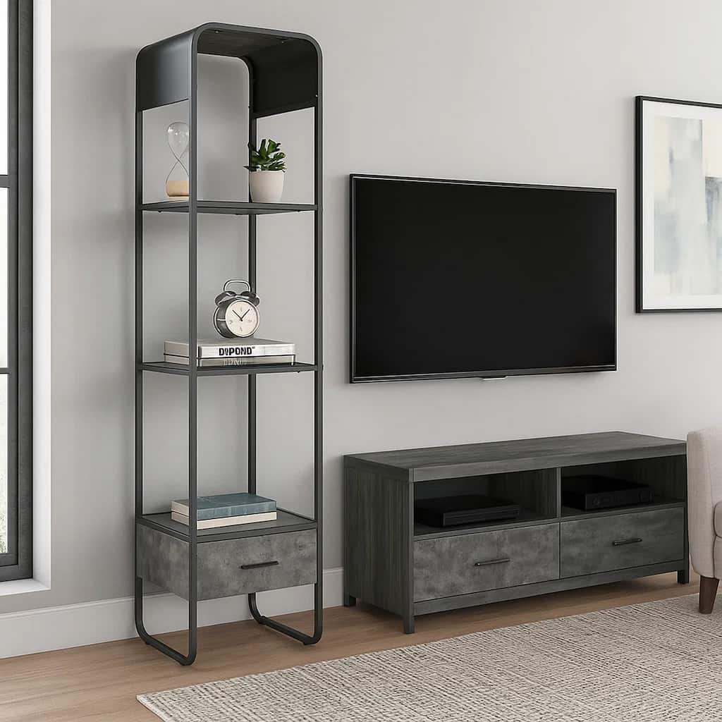 66 Inch Side Pier, Vertical Media Bookcase, 3 Shelves, Metal Frame, Gray