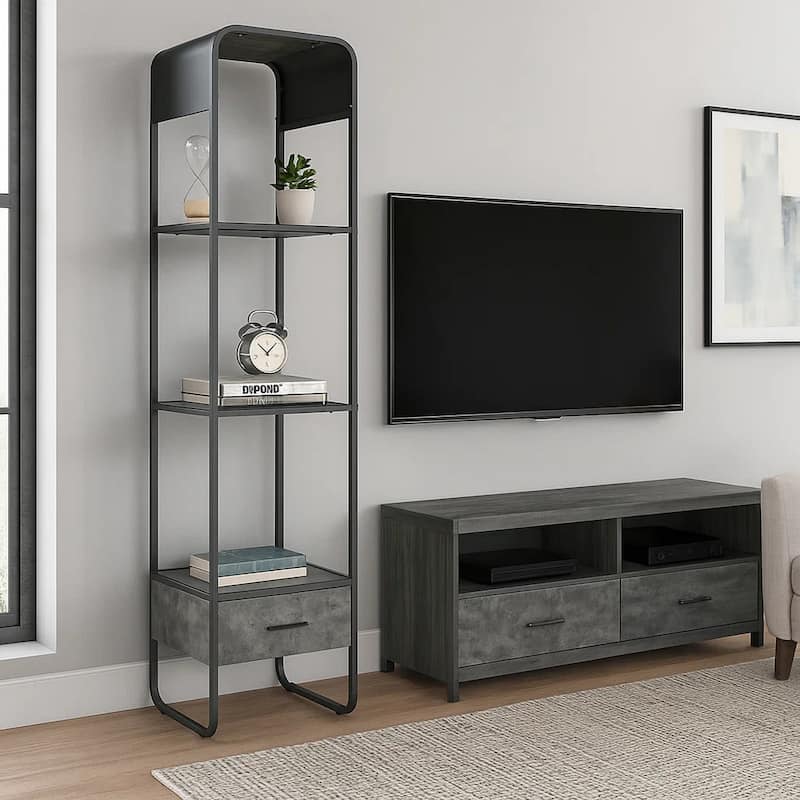 66 Inch Side Pier, Vertical Media Bookcase, 3 Shelves, Metal Frame, Gray