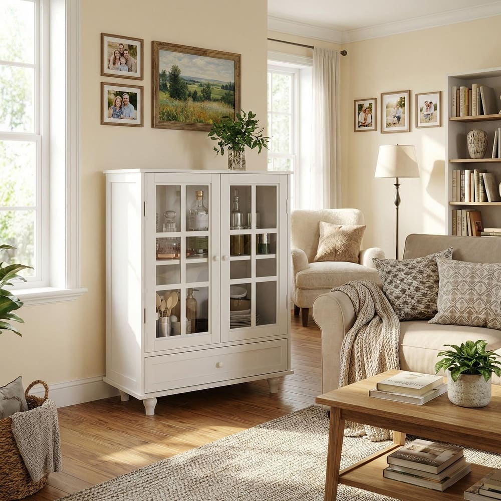 Homy Casa Minimalist Buffet Cabinet with Glass Doors & Drawer, Storage Sideboard, Kitchen Living & Dining Room Hallway Entryway