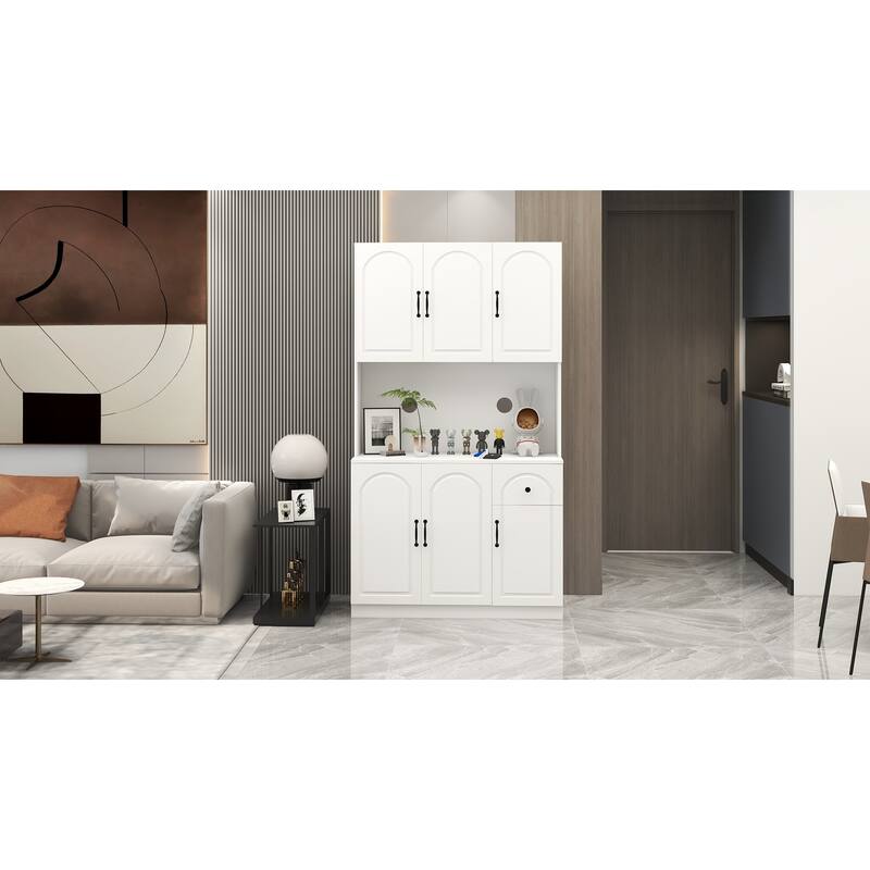 71" Kitchen Pantry Storage Cabinet with Microwave Oven Countertop, Freestanding Hutch Cabinet with Adjustable Shelves