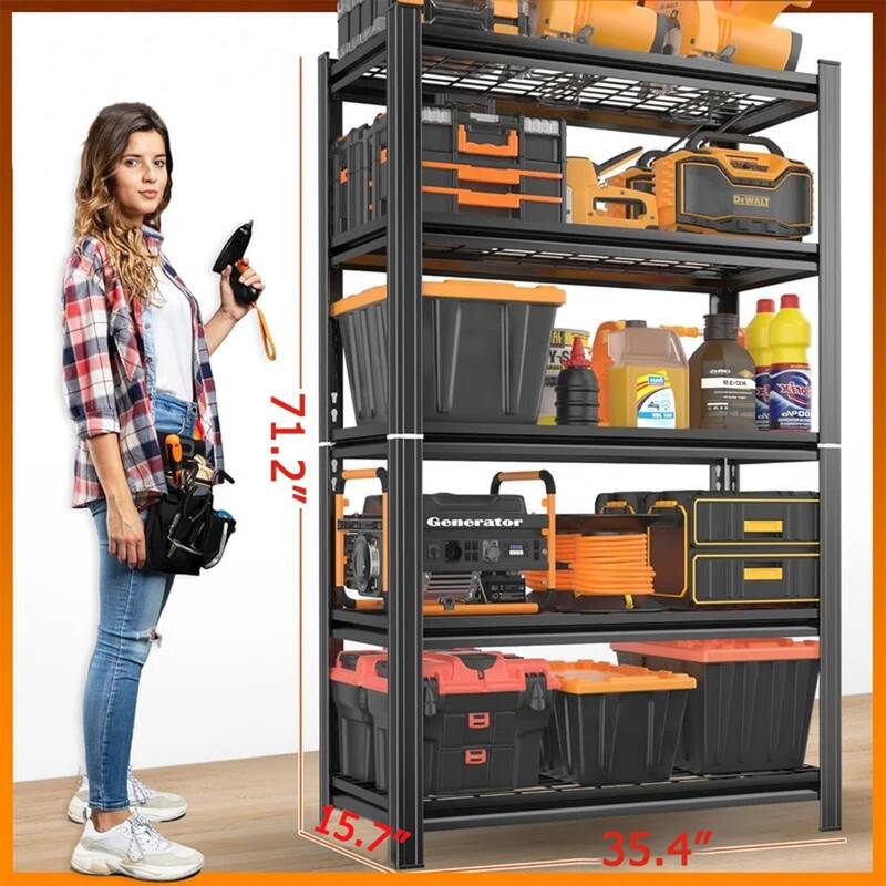 5-Tier Adjustable Metal Storage Rack, Black, 1750/2000 lbs, 71.2"/72.3"H