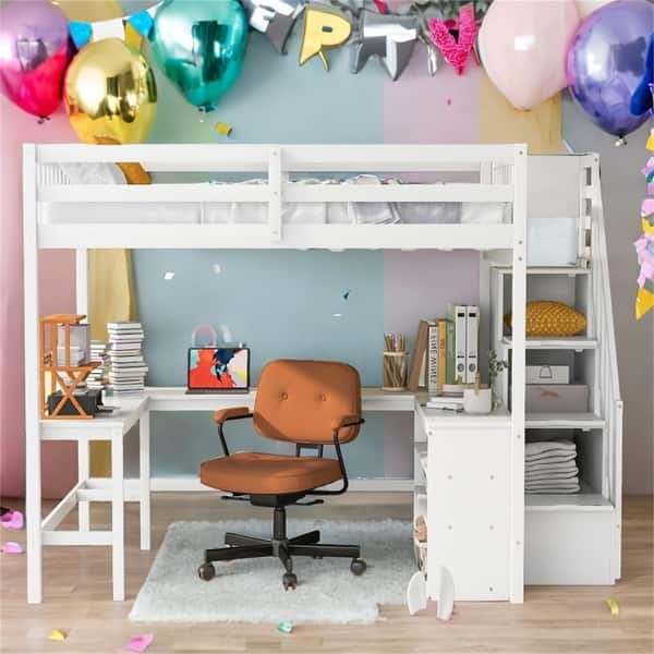 slide 2 of 24, Full Size Loft Bed with Desk and Storage White